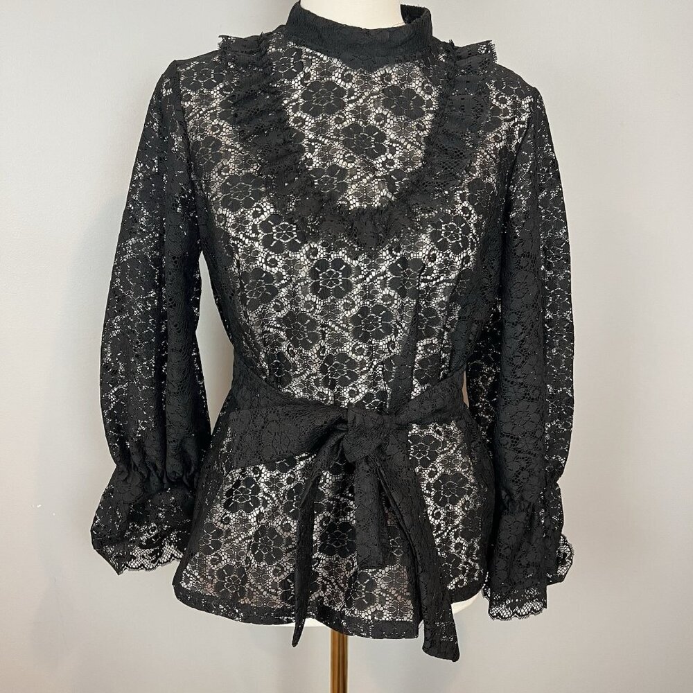 Vintage Black Lace Blouse Womens Size Small‎ High Neck Long Sleeve Belted